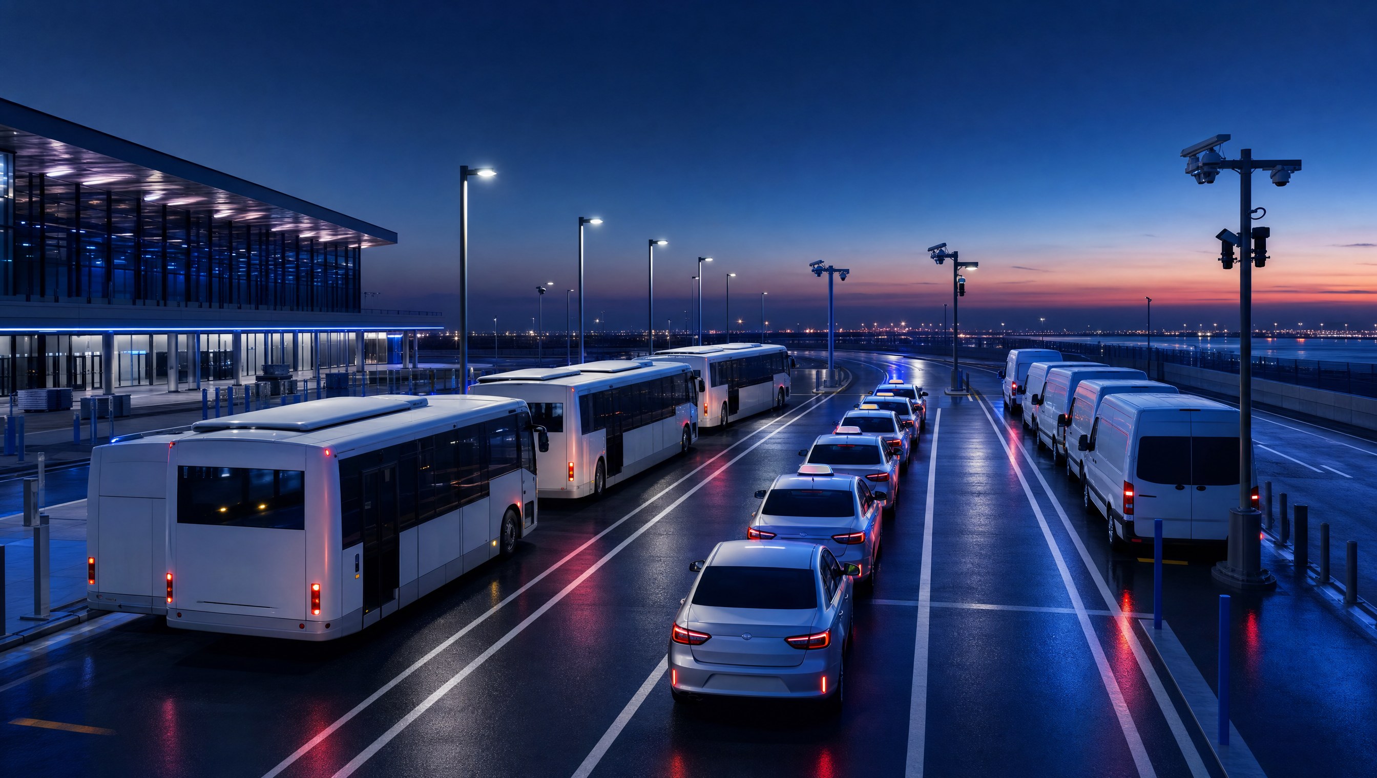 Fixed capture infrastructure overlooking authorised transport lanes at dusk with blue and purple operational lighting