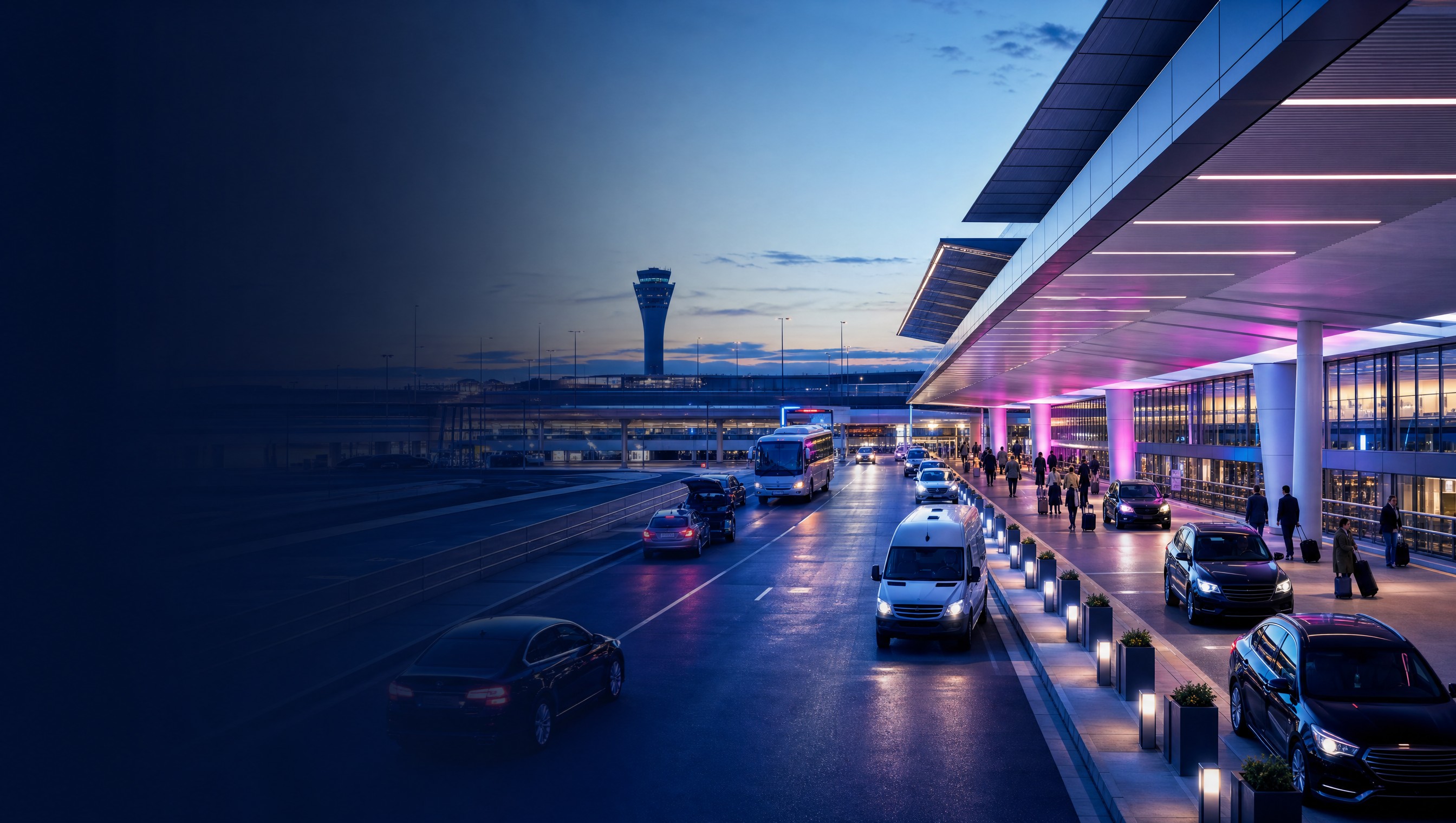 Modern airport terminal curbside with passenger drop-off lanes and ground transport vehicles