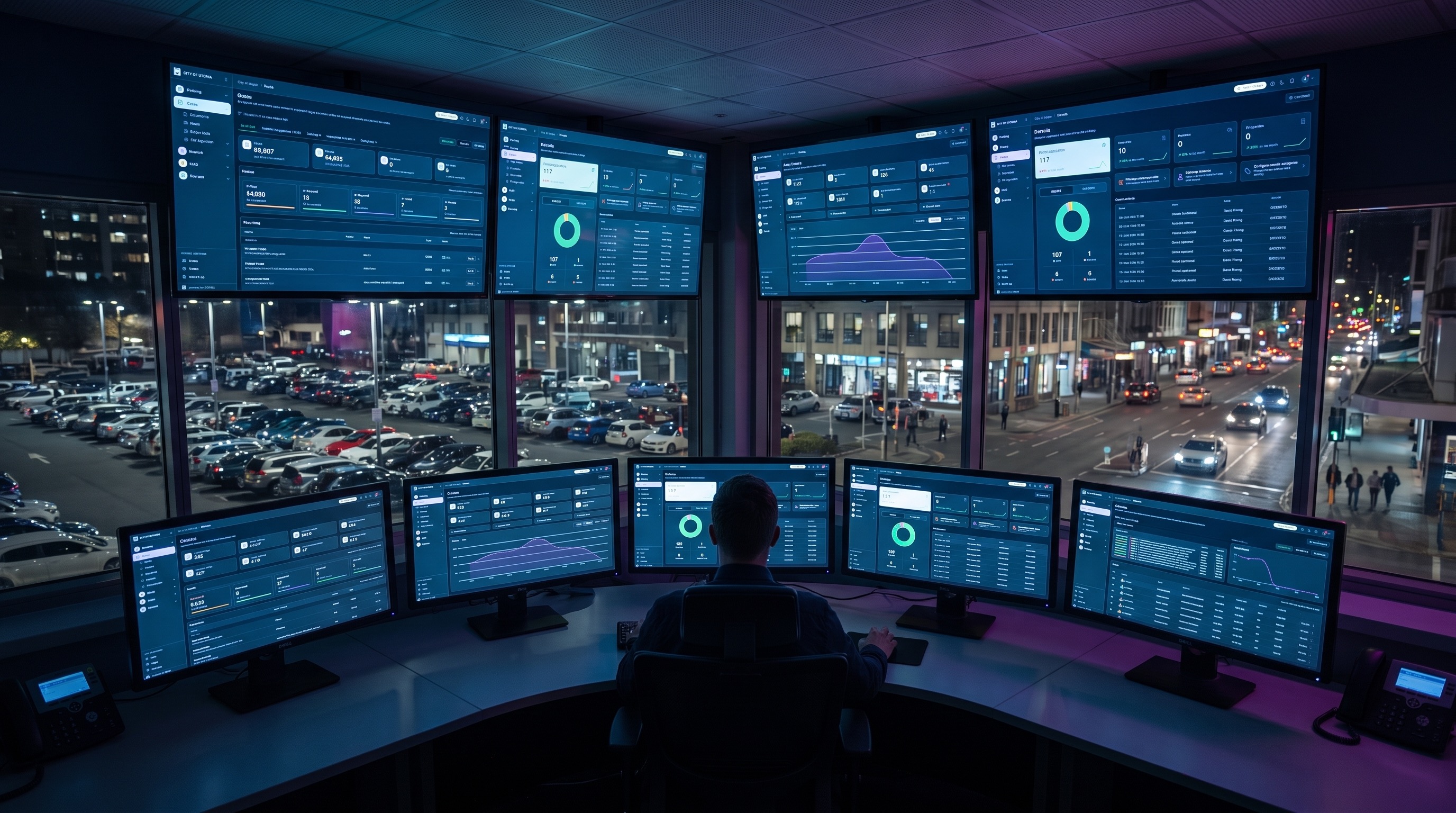 Compliance control room with blue and purple operational screens