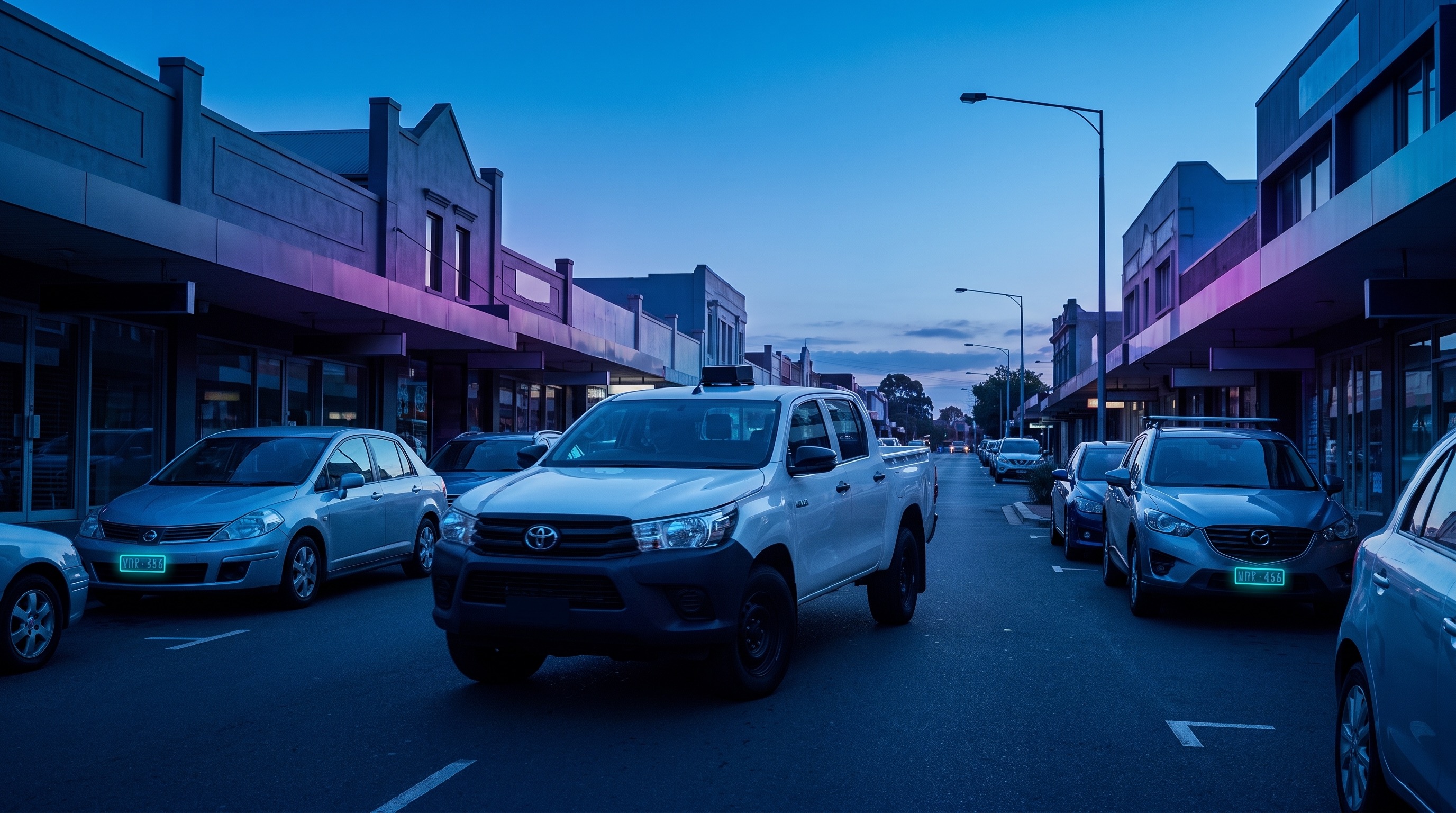Plain council mobile ANPR patrol vehicle travelling through a town centre at blue hour