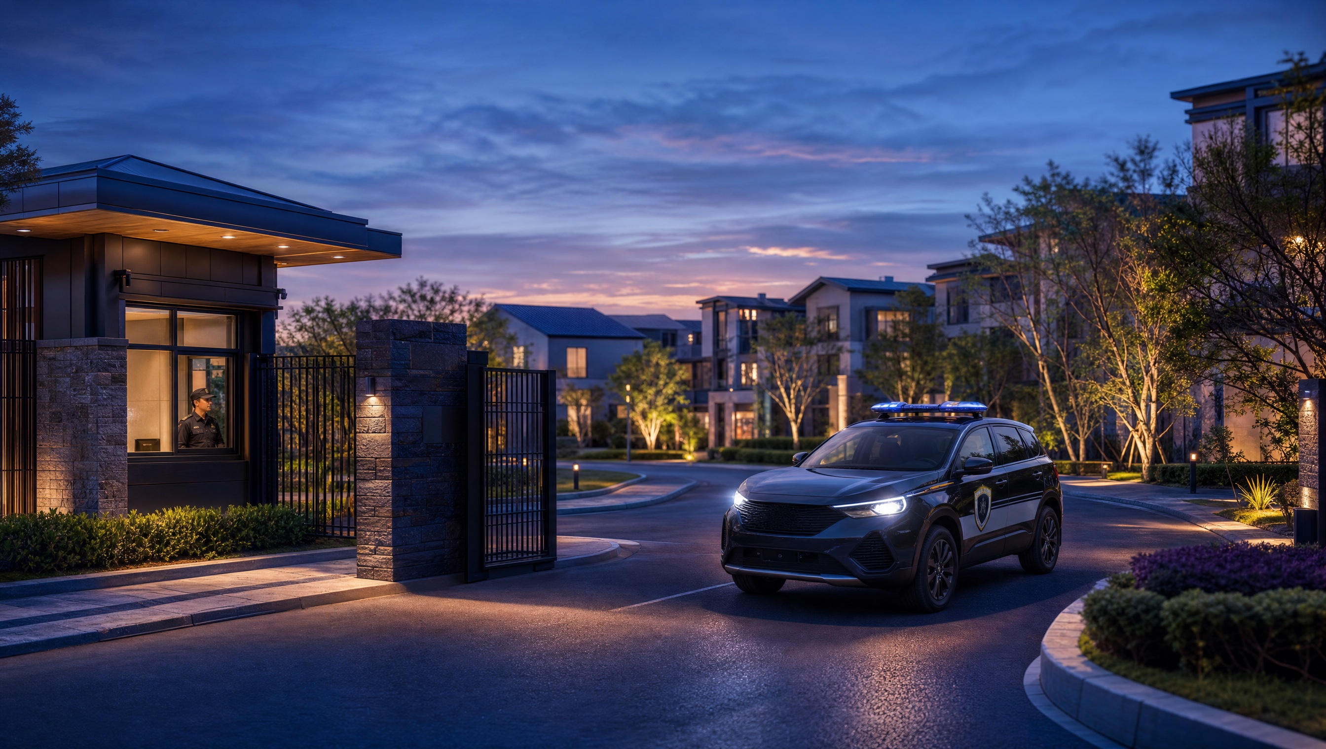 Gated residential community entrance with patrol vehicle and landscaped common property