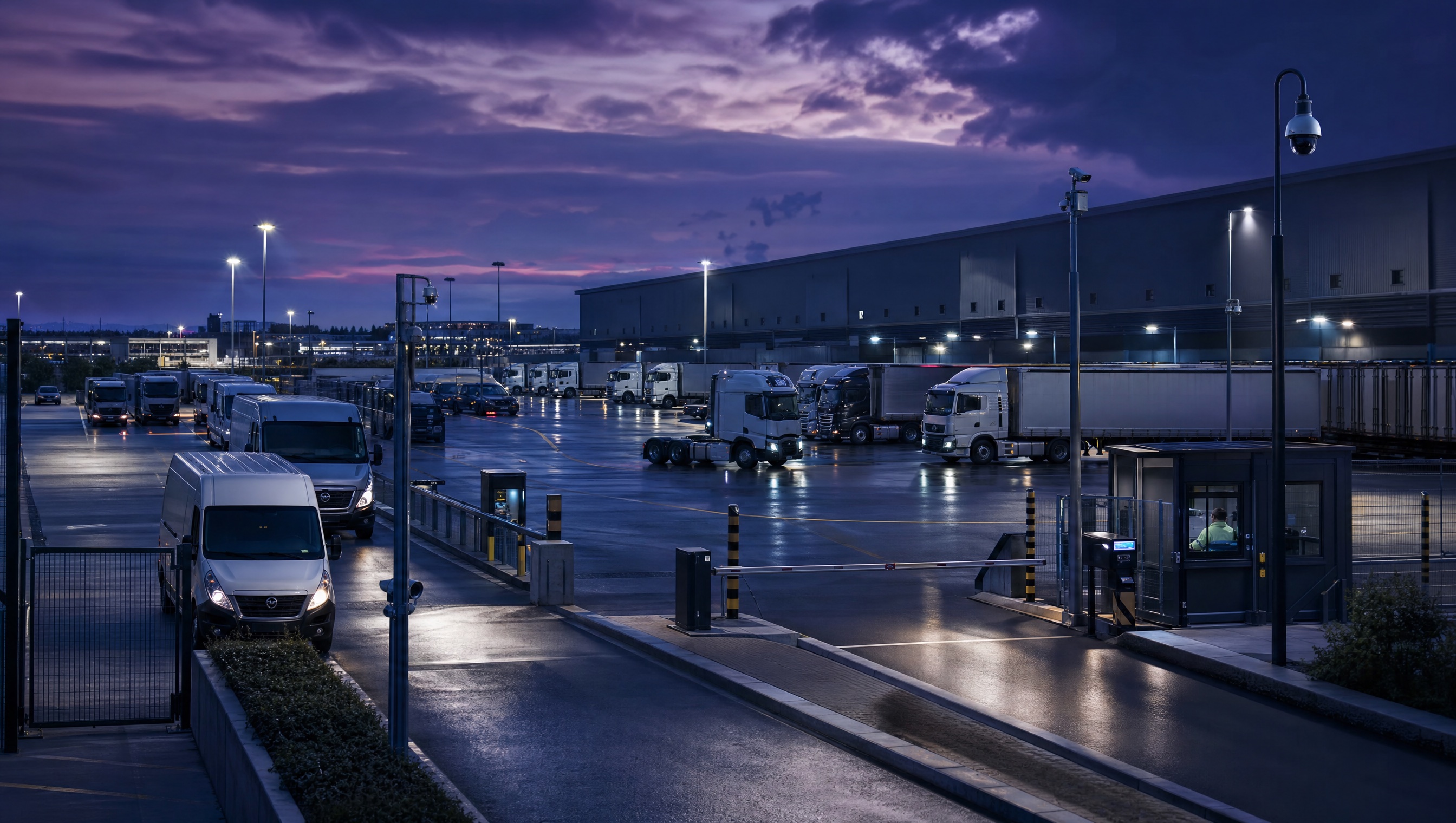Blue and purple fleet yard scene with operational vehicles prepared for field work