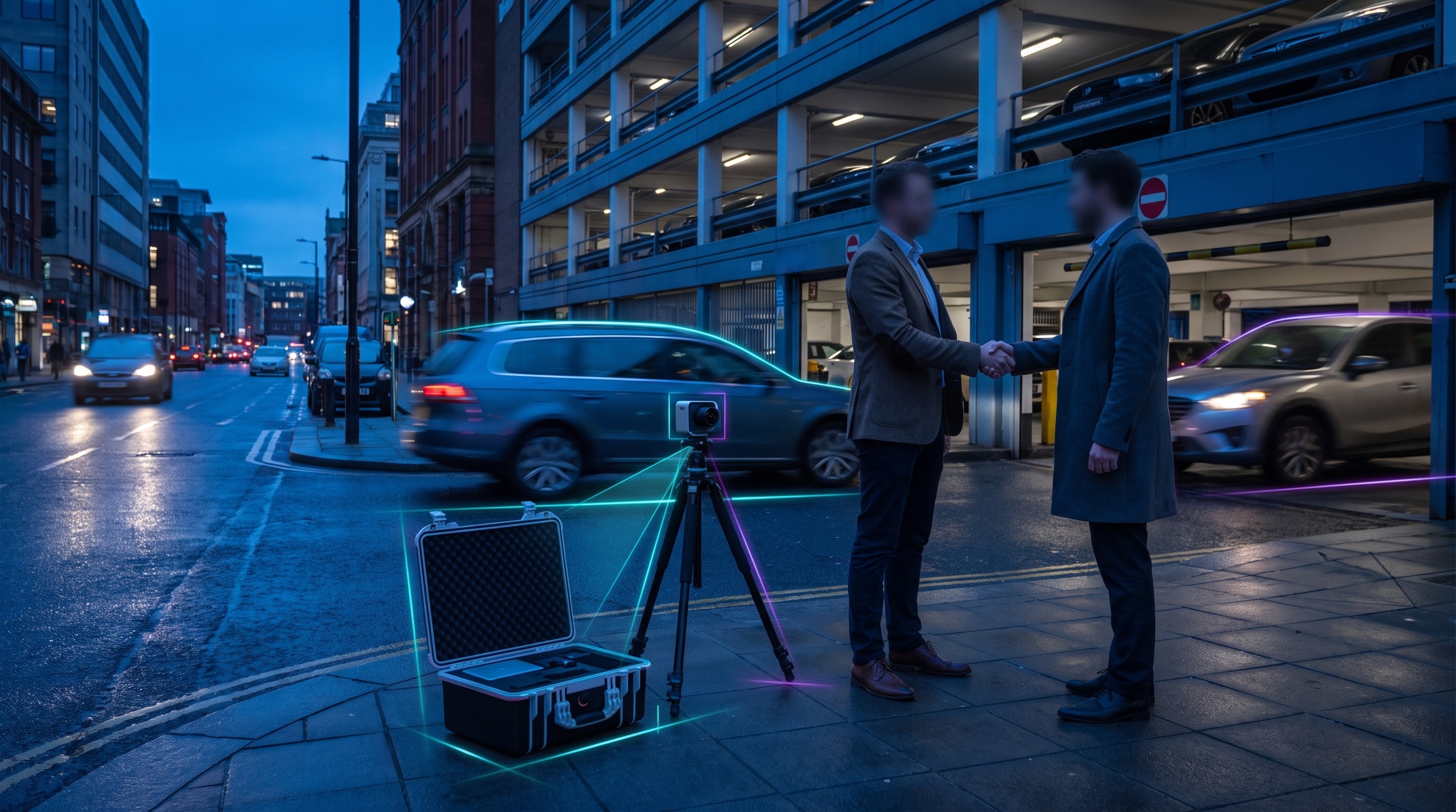 Temporary AI survey camera kit deployed beside a car park entrance at dusk