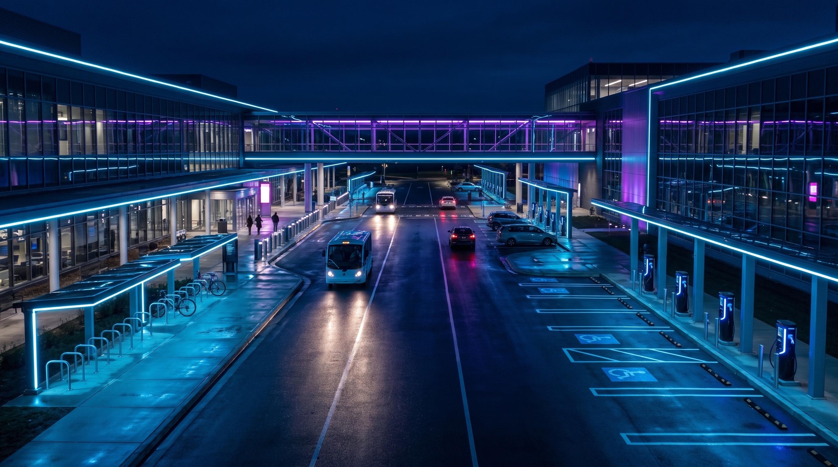University campus mobility hub with shuttle buses, bicycle parking, cars and pedestrian paths