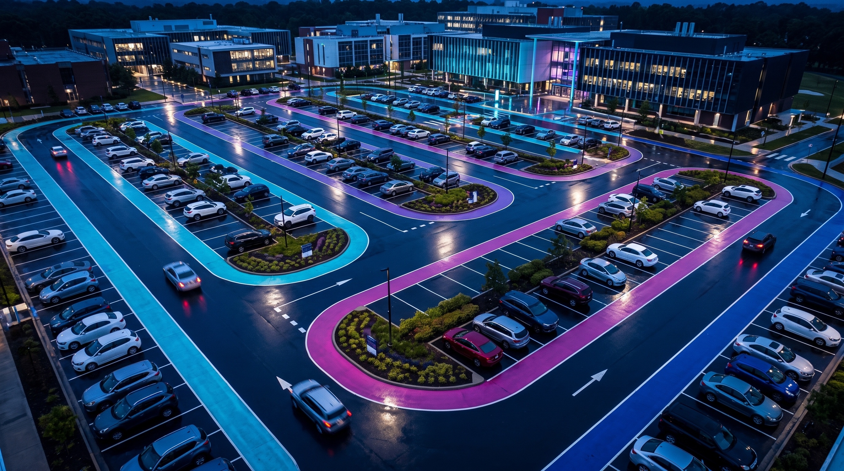 University parking precinct with campus buildings, student parking areas and access roads