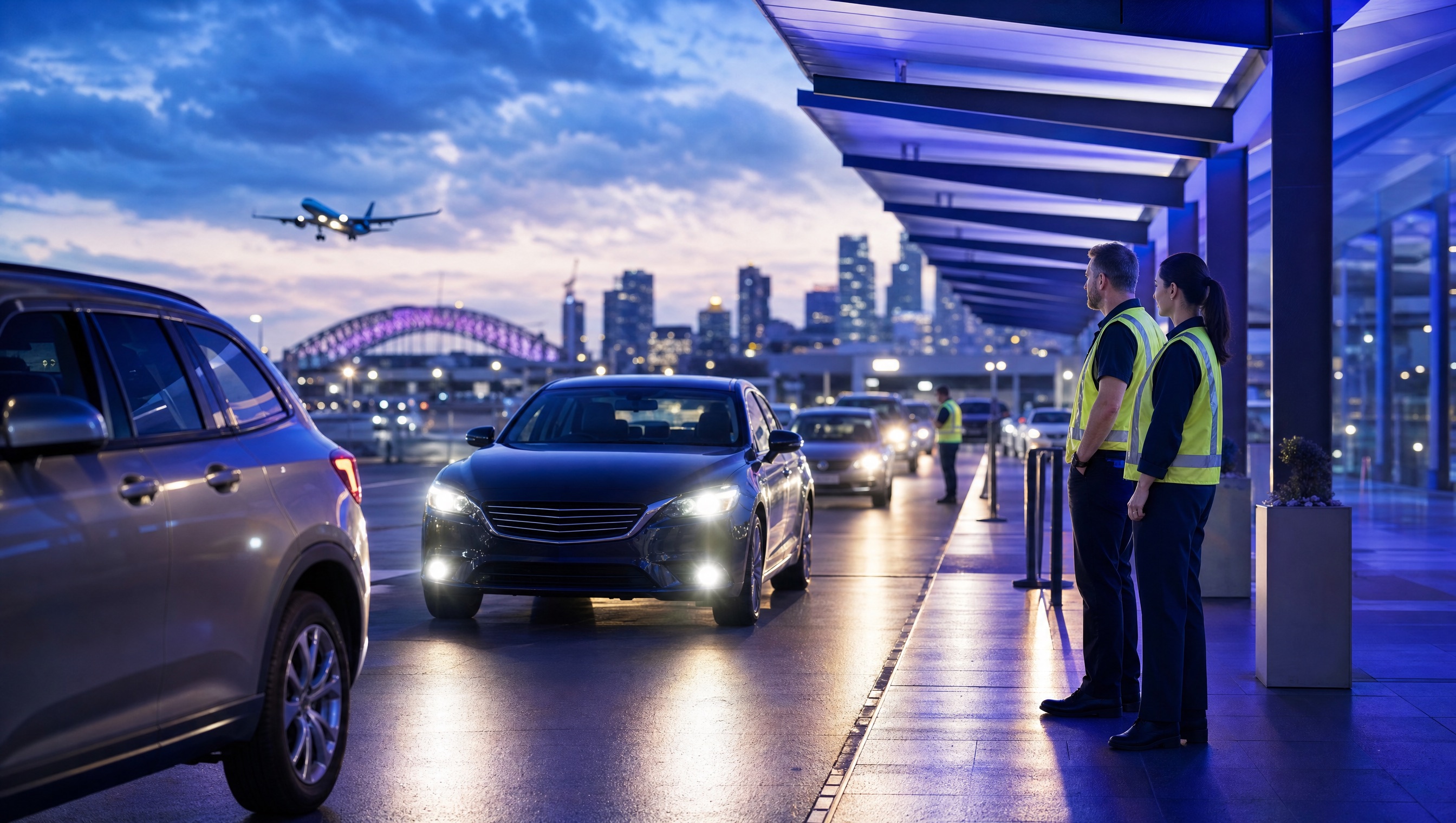 Rideshare pickup zone with passenger vehicles and compliance officers under blue and purple evening light