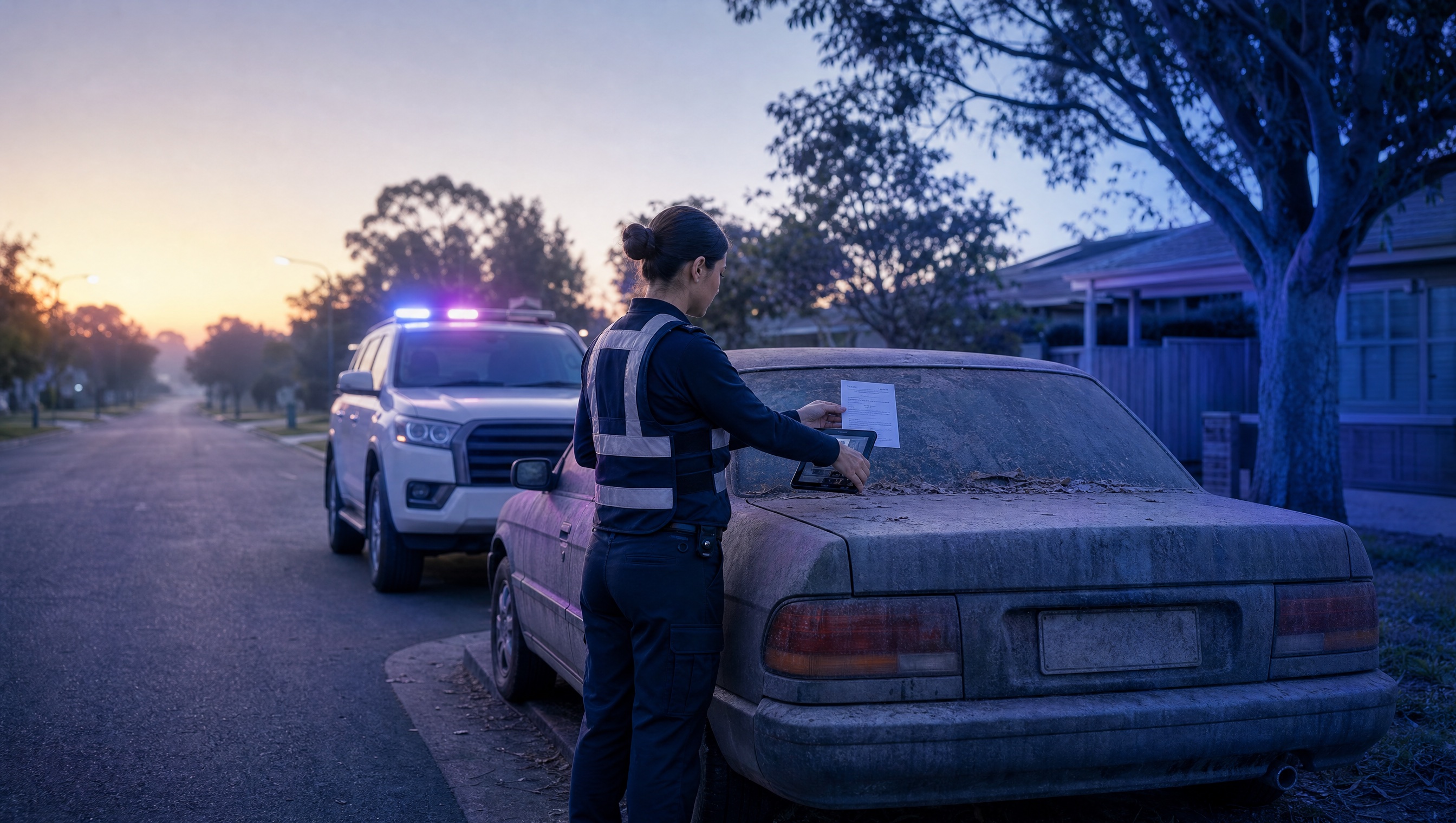 Council ranger capturing abandoned vehicle evidence beside an unmoved car on a residential street