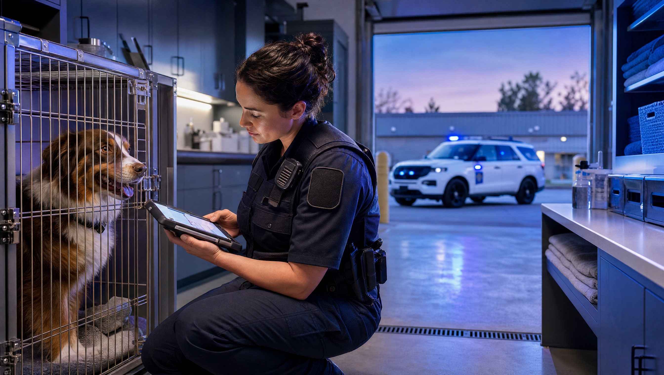 Council animal compliance operations bay with tablet evidence review and blue purple lighting