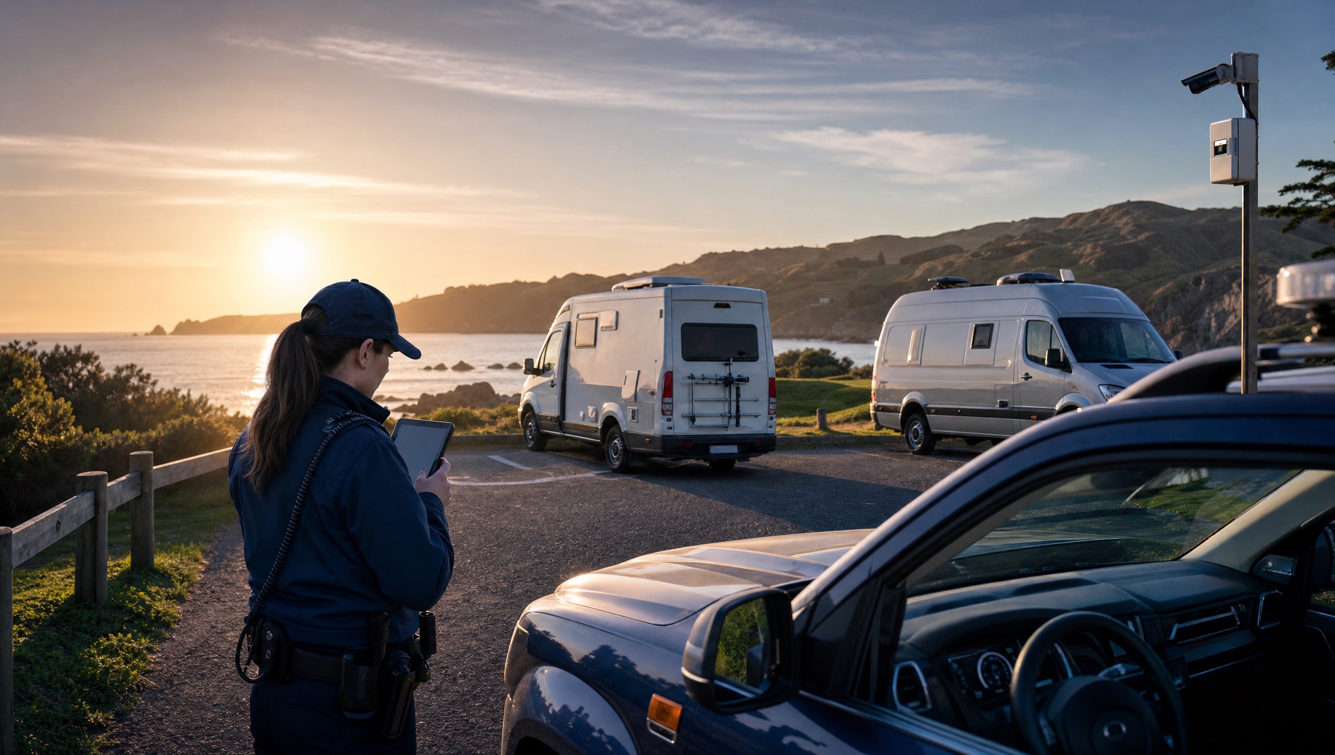 Coastal freedom camping patrol scene with ranger checking campervan compliance on a tablet