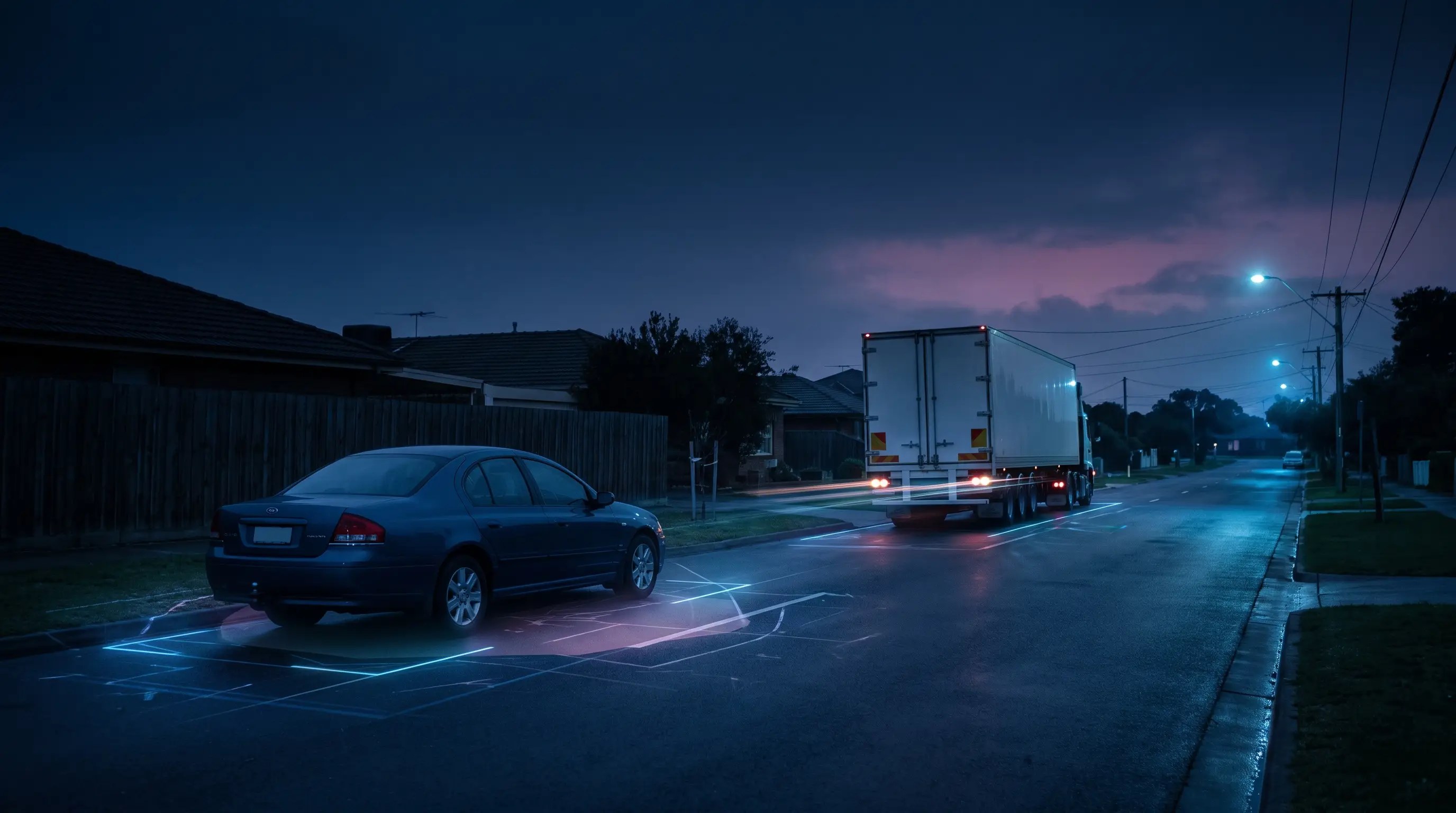 Heavy commercial truck on a restricted residential street with blue-purple vehicle-type overlays
