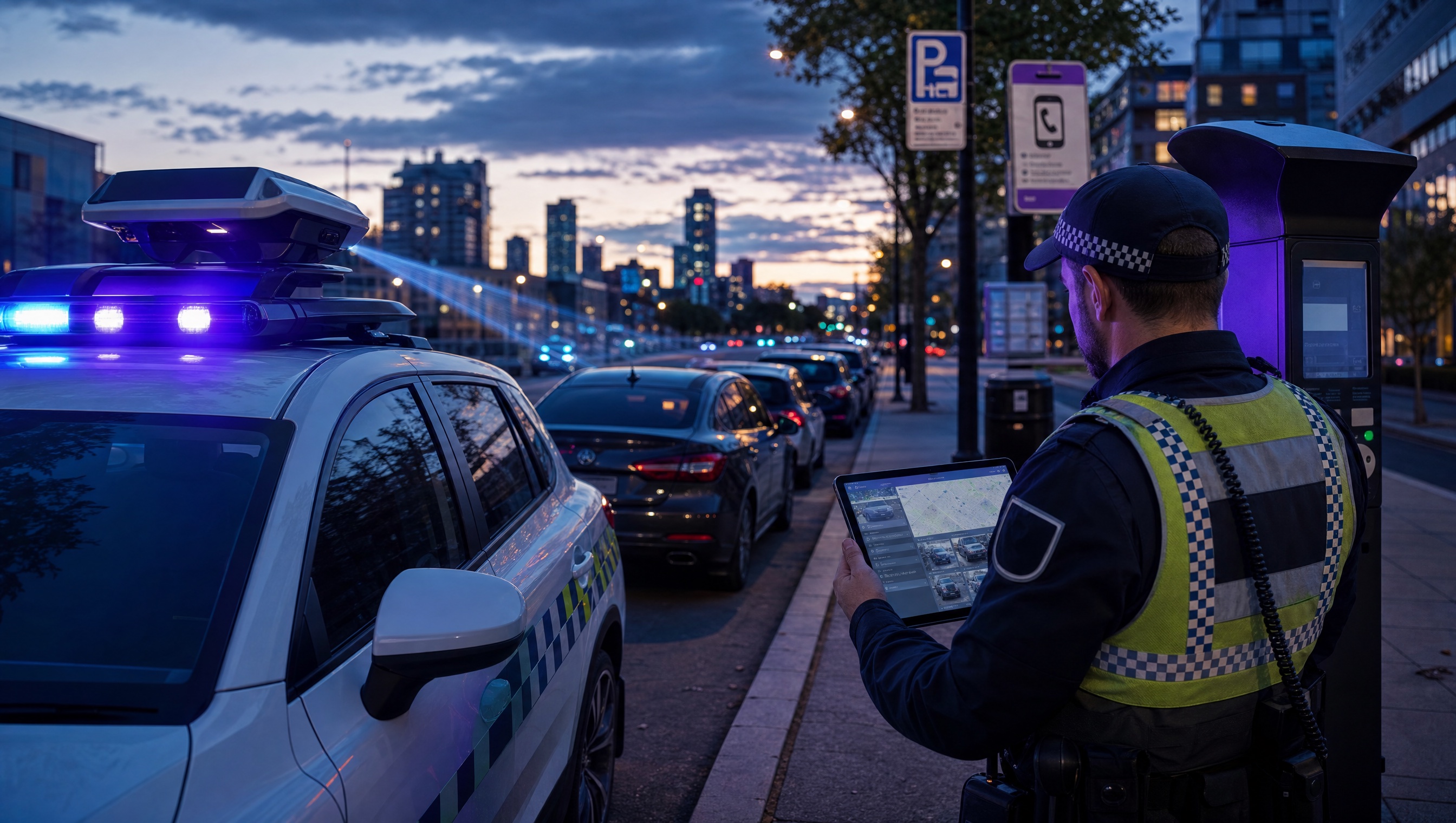 Council ANPR patrol vehicle scanning paid parking bays with meter and app-provider context