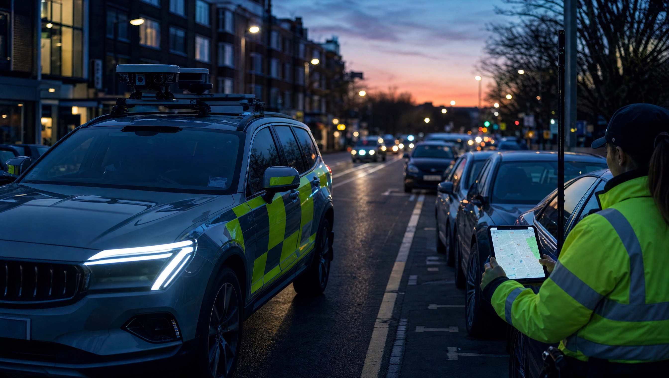 Council ANPR patrol vehicle moving through a timed parking zone with blue and purple dusk lighting
