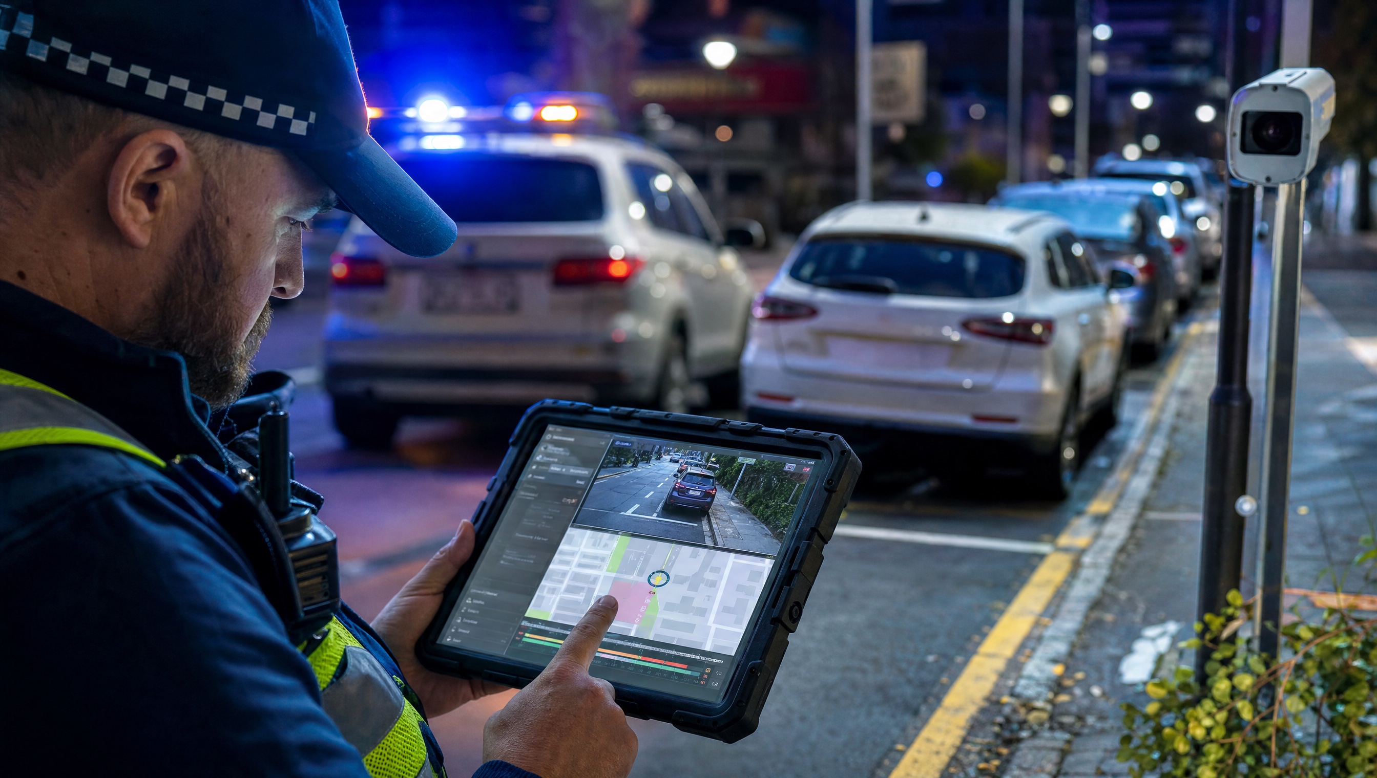 Ranger reviewing timed parking evidence on a tablet beside kerbside parking bays