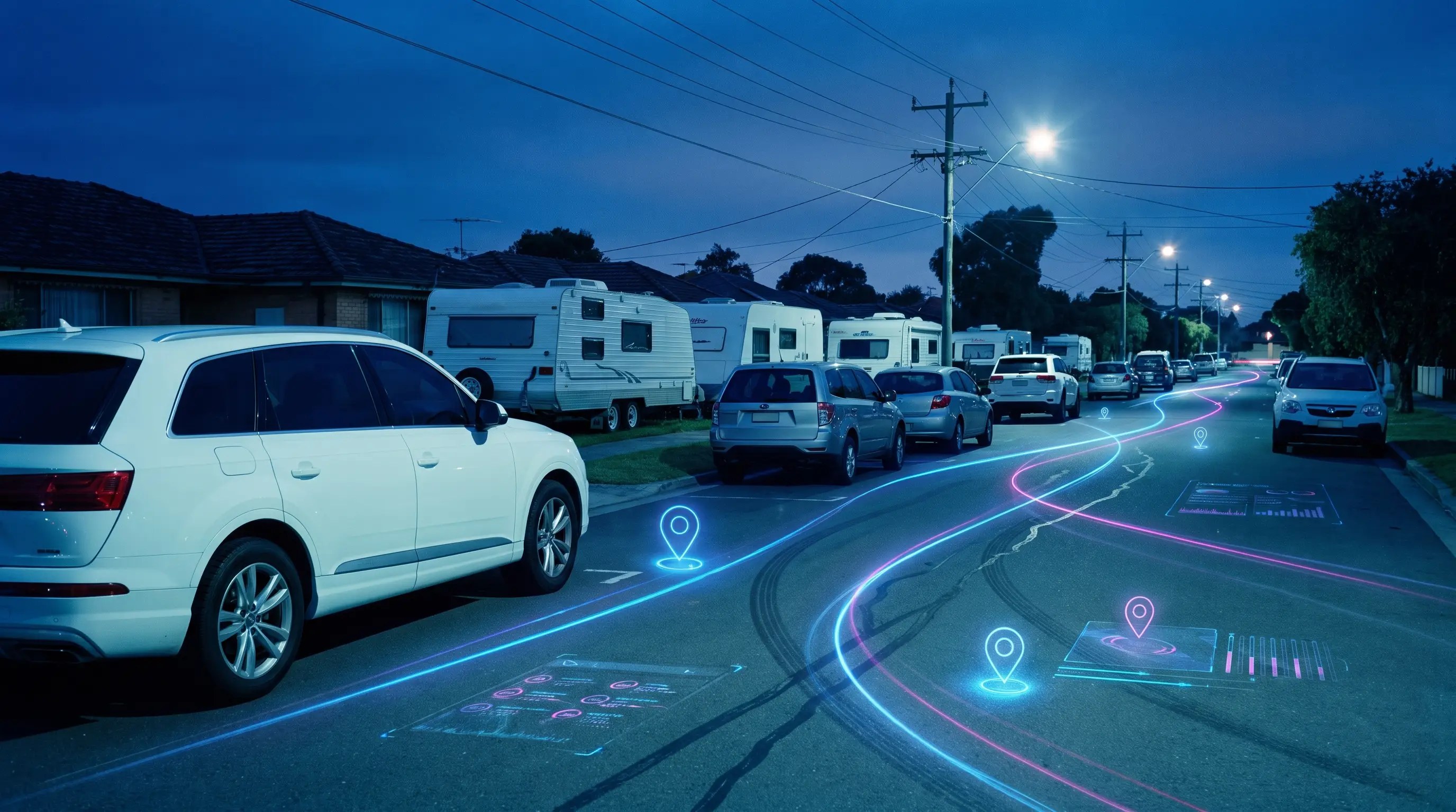 Trailer and caravan long-term parking scene with repeat-sighting light trails and location evidence markers