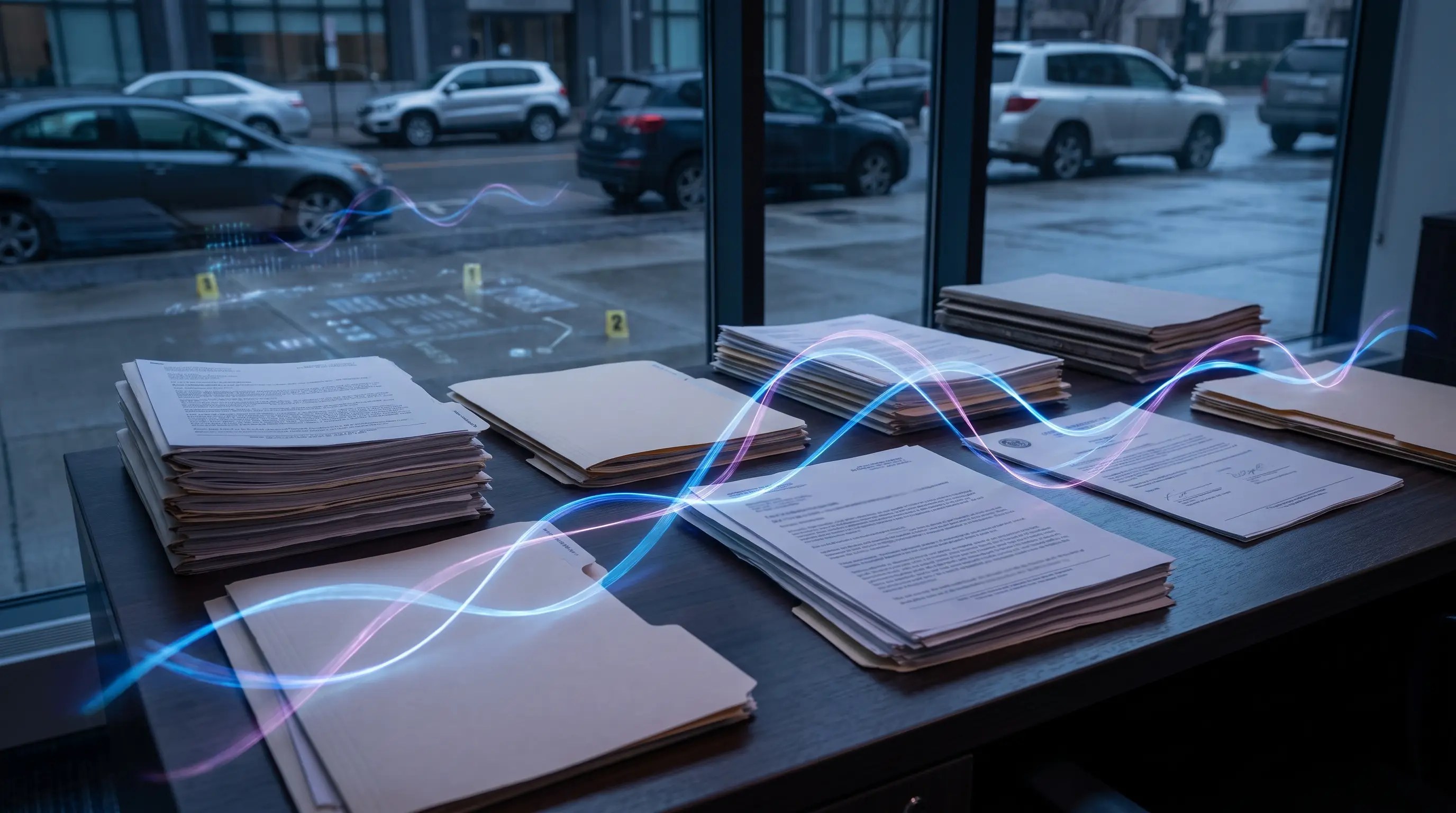 Unpaid infringement follow-up scene with case files, notice documents and escalation timeline overlays