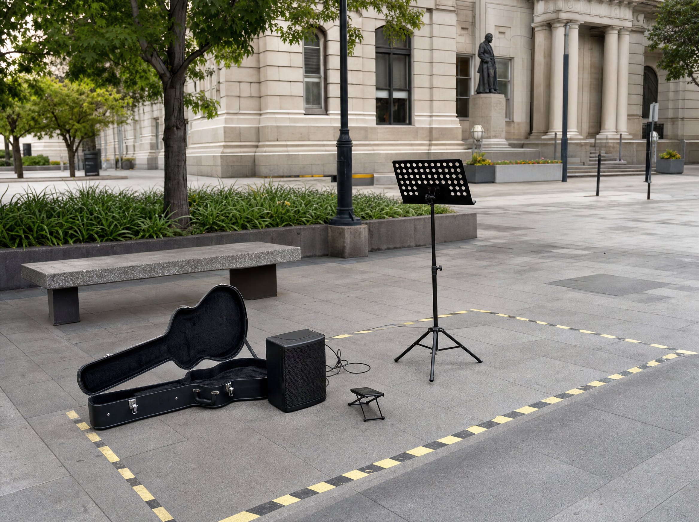 Busking setup in a public square with performance space context